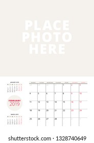 Wall calendar planner template for February 2019. Week starts on Monday. Vector illustration. Stationery print design