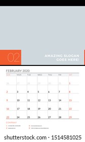 Wall calendar planner template for February 2020. Week starts on Sunday. Vector illustration