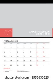 Wall calendar planner template for February 2020. Week starts on Monday. Vector illustration