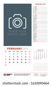 Wall calendar planner template for February 2021. Week starts on Sunday. Stationery design template. Vector illustration