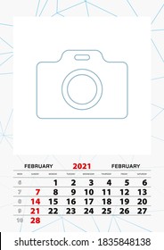 Wall calendar planner template for February 2021, week starts on sunday. Vector illustration.