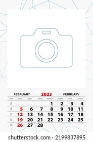 Wall calendar planner template for February 2023, week starts on sunday. Vector illustration.