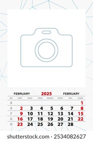 Wall calendar planner template for February 2025, week starts on sunday. Vector illustration.