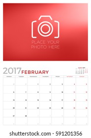 Wall Calendar Planner Template for February 2017. Week Starts Monday. Place for Photo. Stationery Design. Vector Illustration