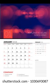 Wall calendar planner template for January 2018. Vector design print template with abstract background or place for photo. Week starts on Sunday