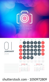 Wall calendar planner template for January 2018. Vector design print template with abstract background or place for photo. Week starts on Sunday