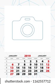 Wall calendar planner template for January 2019, week starts on sunday. Vector illustration.