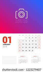 Wall calendar planner template for January 2019. Week starts on Sunday. Vector illustration