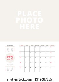 Wall calendar planner template for January 2019. Week starts on Sunday. Vector illustration. Stationery print design