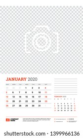 Wall calendar planner template for January 2020. Week starts on Sunday. Typographic design template. Vector illustration