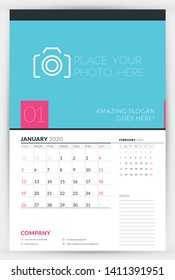 Wall calendar planner template for January 2020. Week starts on Sunday. Typographic design template. Vector illustration