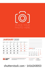 Wall calendar planner template for January 2020. Week starts on Monday. Typographic design template. Red and black color theme. Vector illustration