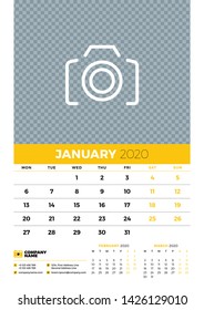 Wall calendar planner template for January 2020. Week starts on Monday. Typographic design template. Yellow and black color theme. Vector illustration