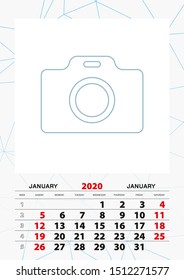 Wall calendar planner template for January 2020, week starts on sunday. Vector illustration.
