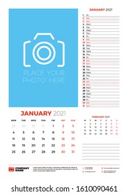 Wall calendar planner template for January 2021. Week starts on Monday. Stationery design template. Vector illustration