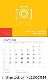 Wall calendar planner template for January 2021. Week starts on Sunday. Stationery design template. Vector illustration