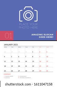 Wall calendar planner template for January 2021. Week starts on Monday. Stationery design template. Vector illustration