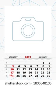 Wall calendar planner template for January 2021, week starts on sunday. Vector illustration.