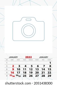 Wall calendar planner template for January 2022, week starts on sunday. Vector illustration.