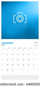 Wall Calendar Planner Template for January 2017. Week Starts Sunday. Place for Photo. Stationery Design. Vector Illustration