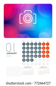Wall calendar planner template for January 2018. Vector design print template with abstract background or place for photo. Week starts on Monday