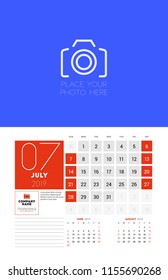 Wall calendar planner template for July 2019. Week starts on Sunday. Vector illustration