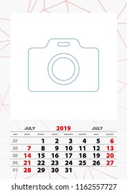 Wall calendar planner template for July 2019, week starts on sunday. Vector illustration.