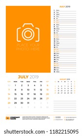 Wall calendar planner template for July 2019. Week starts on Sunday. Vector illustration