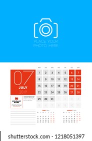 Wall calendar planner template for July 2019. Week starts on Monday. Vector illustration