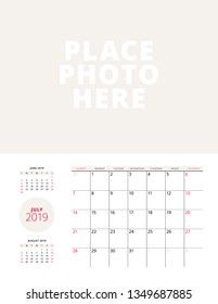 Wall calendar planner template for July 2019. Week starts on Sunday. Vector illustration. Stationery print design
