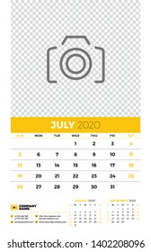 Wall calendar planner template for July 2020. Week starts on Sunday. Typographic design template. Yellow and black color theme. Vector illustration