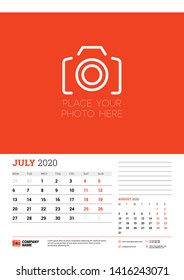 Wall calendar planner template for July 2020. Week starts on Monday. Typographic design template. Red and black color theme. Vector illustration