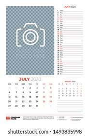 Wall calendar planner template for July 2020. Week starts on Monday. Typographic design template. Vector illustration