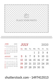 Wall calendar planner template for July 2020 year with place for photo. English vector layout with dates grid on white background. Week starts from Sunday. Corporate polygraphy minimal design.