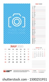 Wall calendar planner template for July 2020. Week starts on Sunday. Typographic design template. Vector illustration