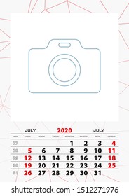 Wall calendar planner template for July 2020, week starts on sunday. Vector illustration.