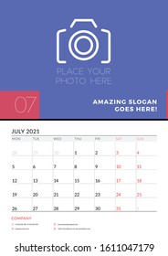 Wall calendar planner template for July 2021. Week starts on Monday. Stationery design template. Vector illustration
