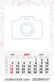 Wall calendar planner template for July 2021, week starts on sunday. Vector illustration.
