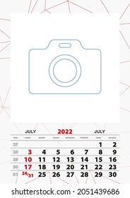 Wall calendar planner template for July 2022, week starts on sunday. Vector illustration.