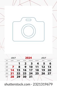 Wall calendar planner template for July 2024, week starts on sunday. Vector illustration.