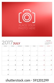 Wall Calendar Planner Template for July 2017. Week Starts Monday. Place for Photo. Stationery Design. Vector Illustration