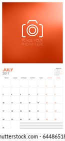 Wall Calendar Planner Template for July 2017. Week Starts Monday. Place for Photo. Stationery Design. Vector Illustration