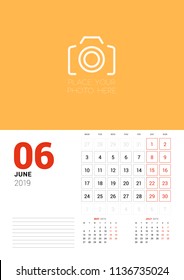 Wall calendar planner template for June 2019. Week starts on Monday. Vector illustration