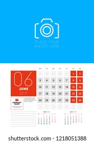 Wall calendar planner template for June 2019. Week starts on Monday. Vector illustration
