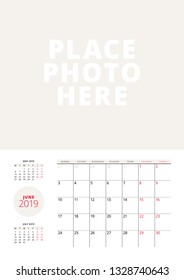 Wall calendar planner template for June 2019. Week starts on Monday. Vector illustration. Stationery print design