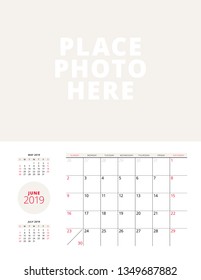 Wall calendar planner template for June 2019. Week starts on Sunday. Vector illustration. Stationery print design