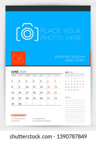 Wall calendar planner template for June 2020. Week starts on Monday. Typographic design template. Vector illustration