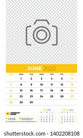 Wall calendar planner template for June 2020. Week starts on Sunday. Typographic design template. Yellow and black color theme. Vector illustration