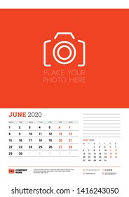 Wall calendar planner template for June 2020. Week starts on Monday. Typographic design template. Red and black color theme. Vector illustration