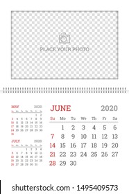 Wall calendar planner template for June 2020 year with place for photo. English vector layout with dates grid on white background. Week starts from Sunday. Corporate polygraphy minimal design.